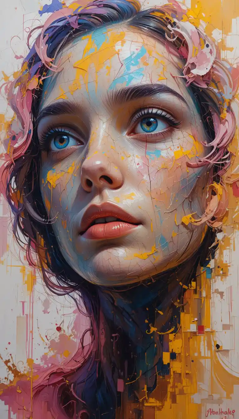 Contemplative young woman in hood within abstract painted light