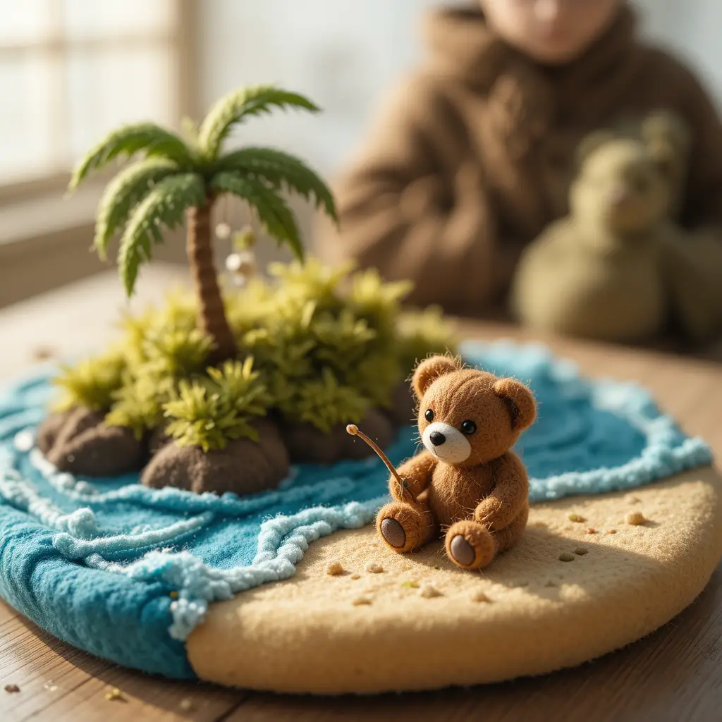 Cute felt teddy bear fishing on tiny tropical island