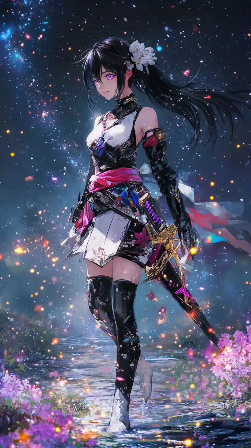Armored anime girl with dragon scale gear in a meadow