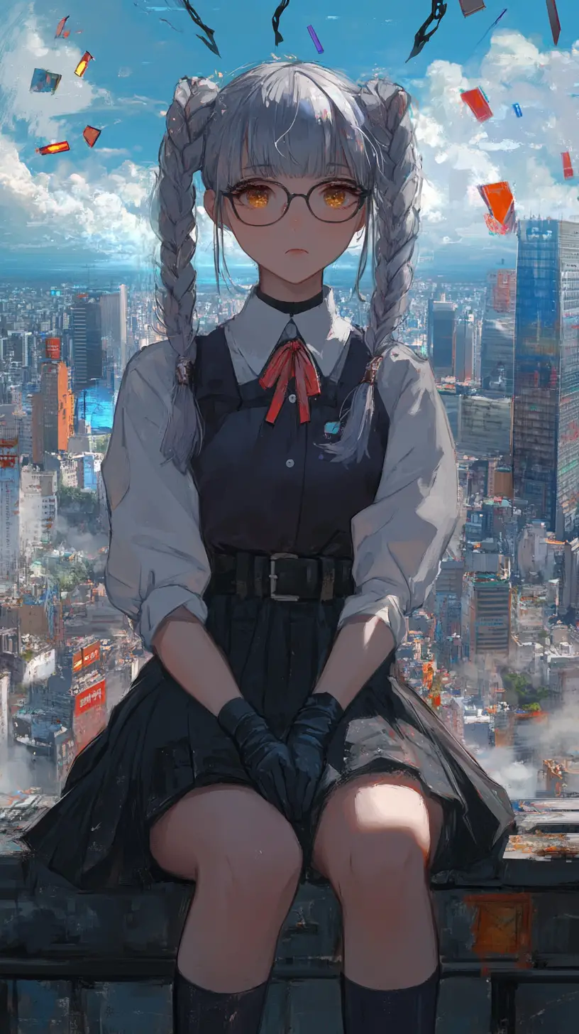 Melancholic anime girl watching a fantasy city at dawn