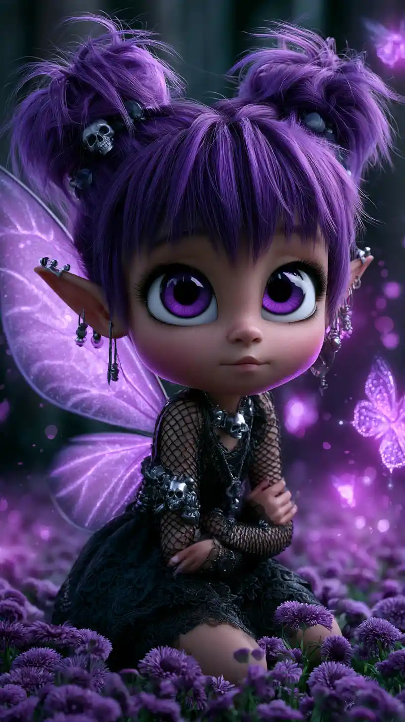 Violet haired fairy girl in a dark enchanted forest