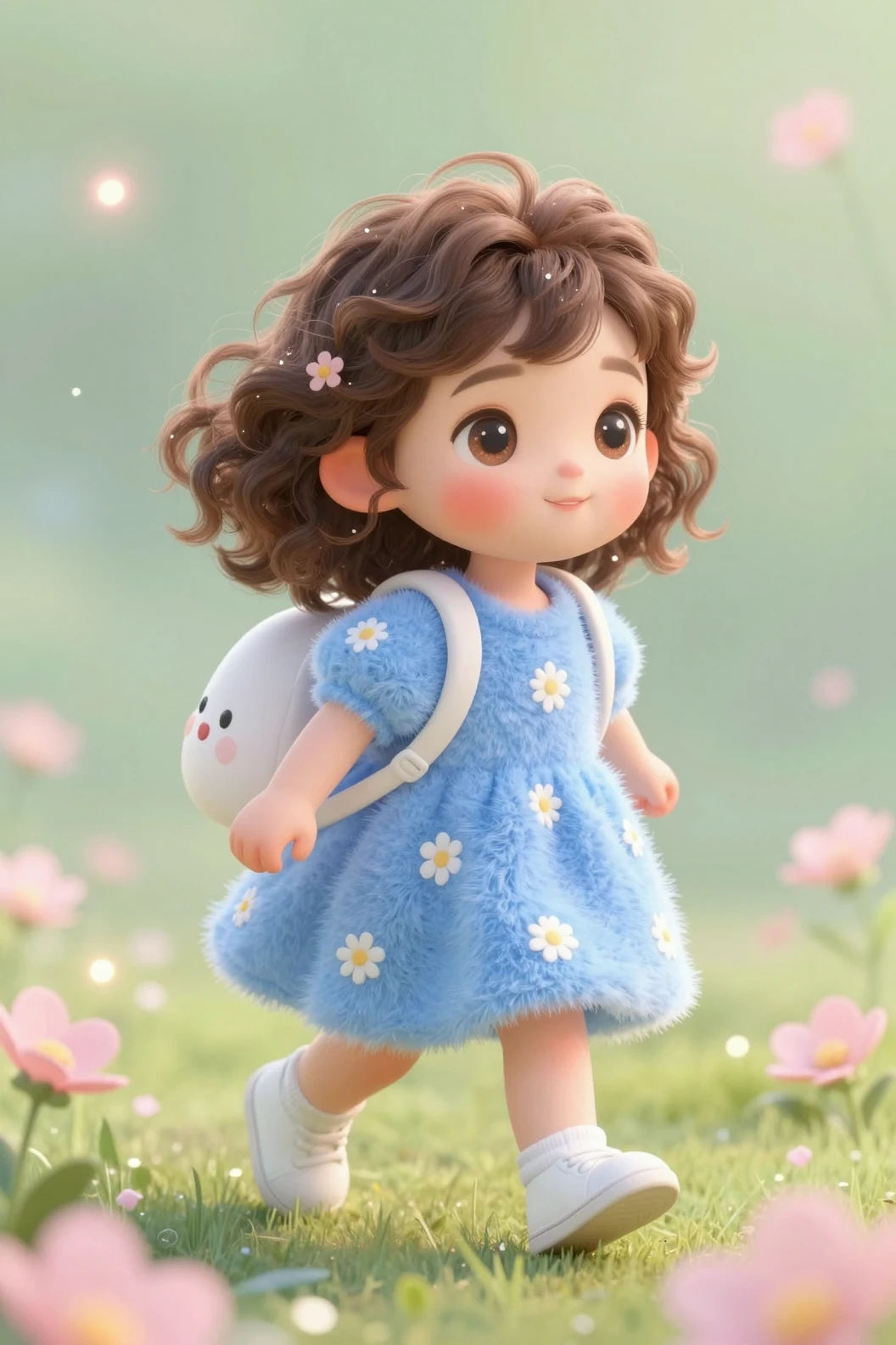 Cute 3D girl in blue dress walking joyfully