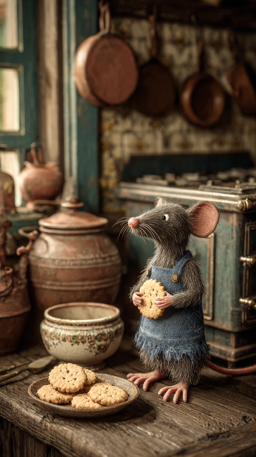 Adorable ratoncito robando una galleta en una cocina antigua