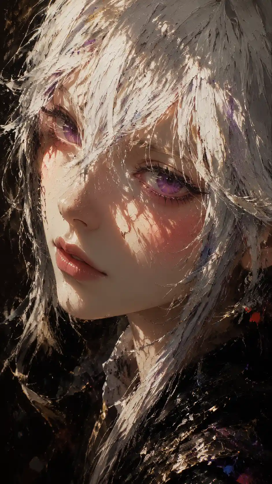 Anime girl portrait with white hair in dramatic light