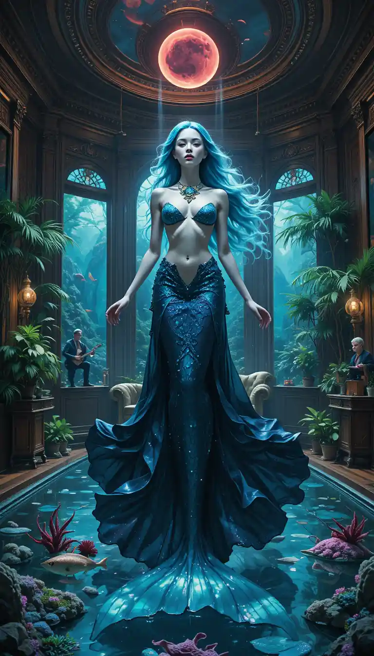 Surreal mermaid floating in a retro futuristic luxury room