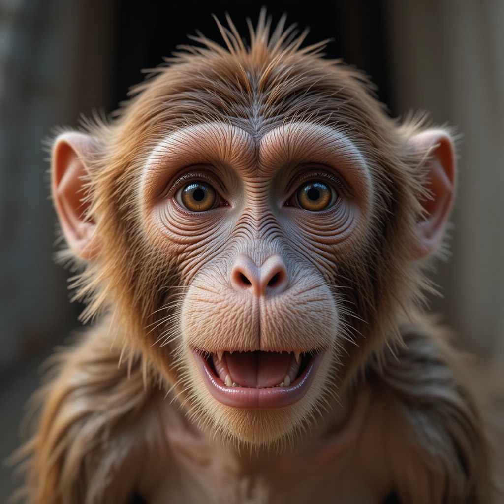 Cheeky monkey in blue shirt walking through village market