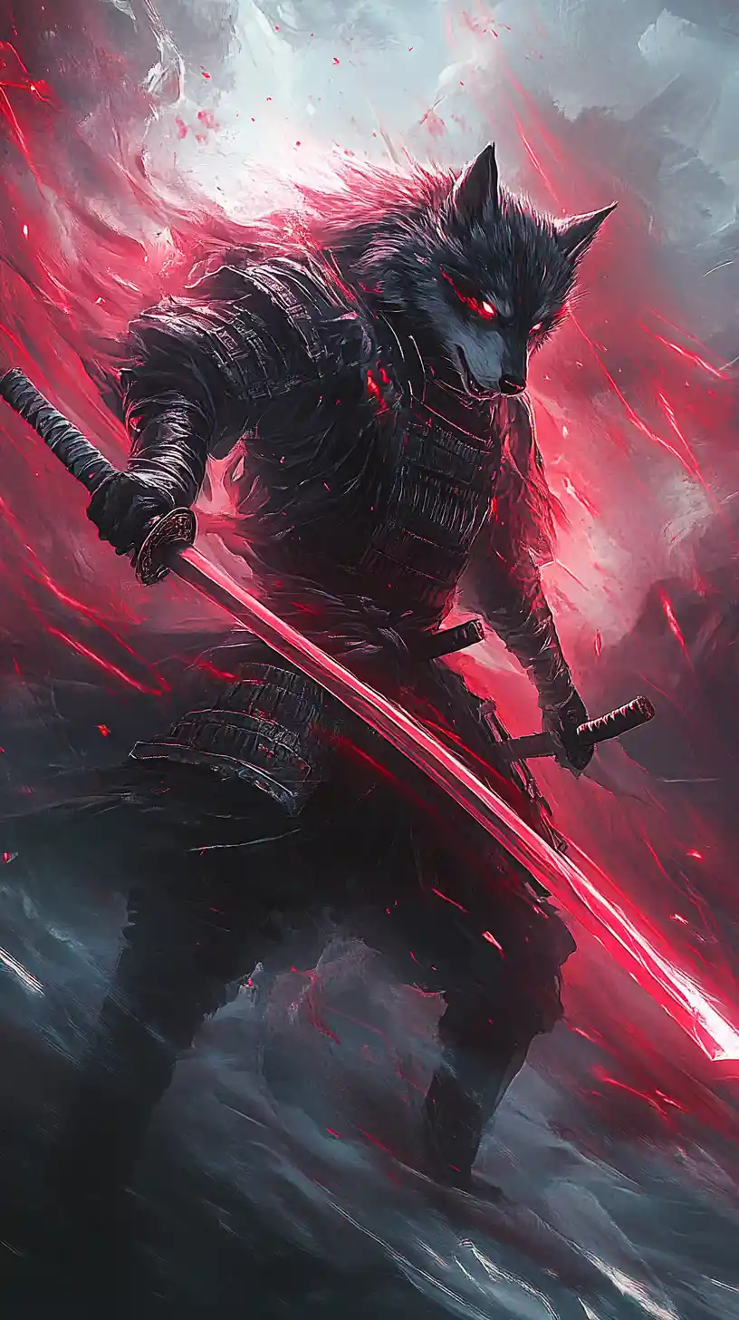 Spectral wolf samurai lunging through shattered cosmic space