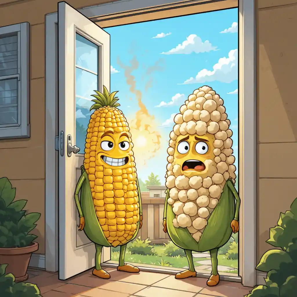 Smiling Corn In Cool House Greets Popped Corn Visitor