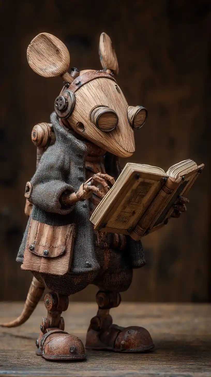 Wooden mouse reading a book in a magical scene
