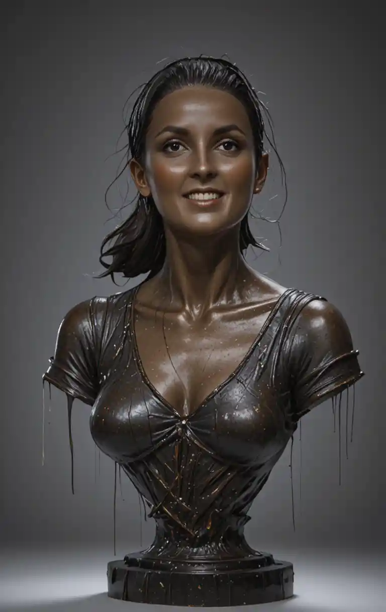 Bronze bust of a contemplative woman on white background