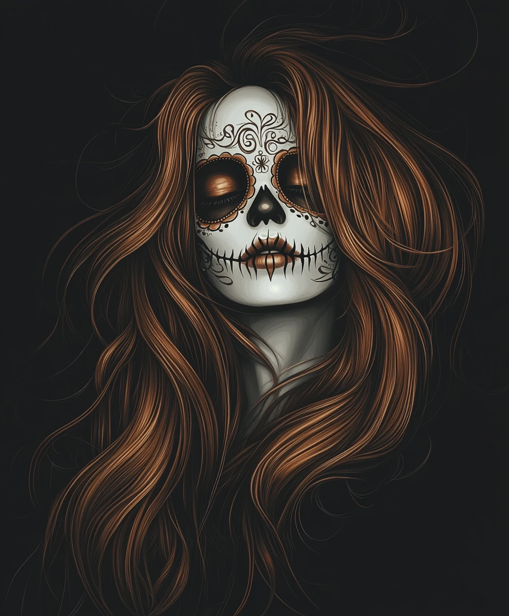 Woman with sugar skull makeup against black background