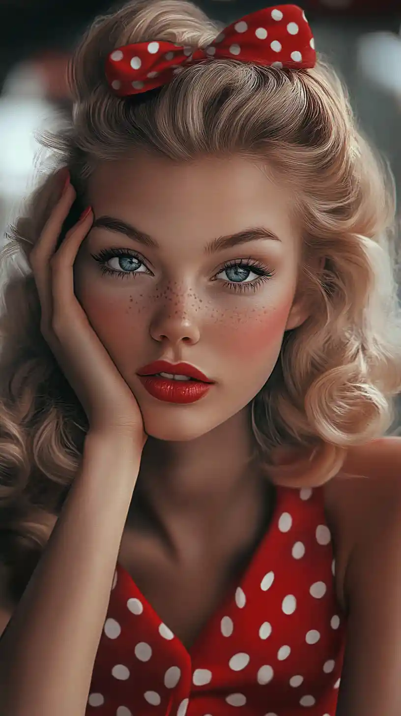 Retro blonde woman in red polka dot dress on city street