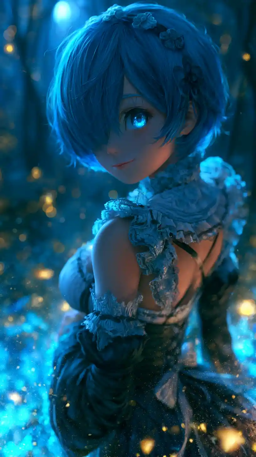 Anime maid girl in a glowing enchanted forest