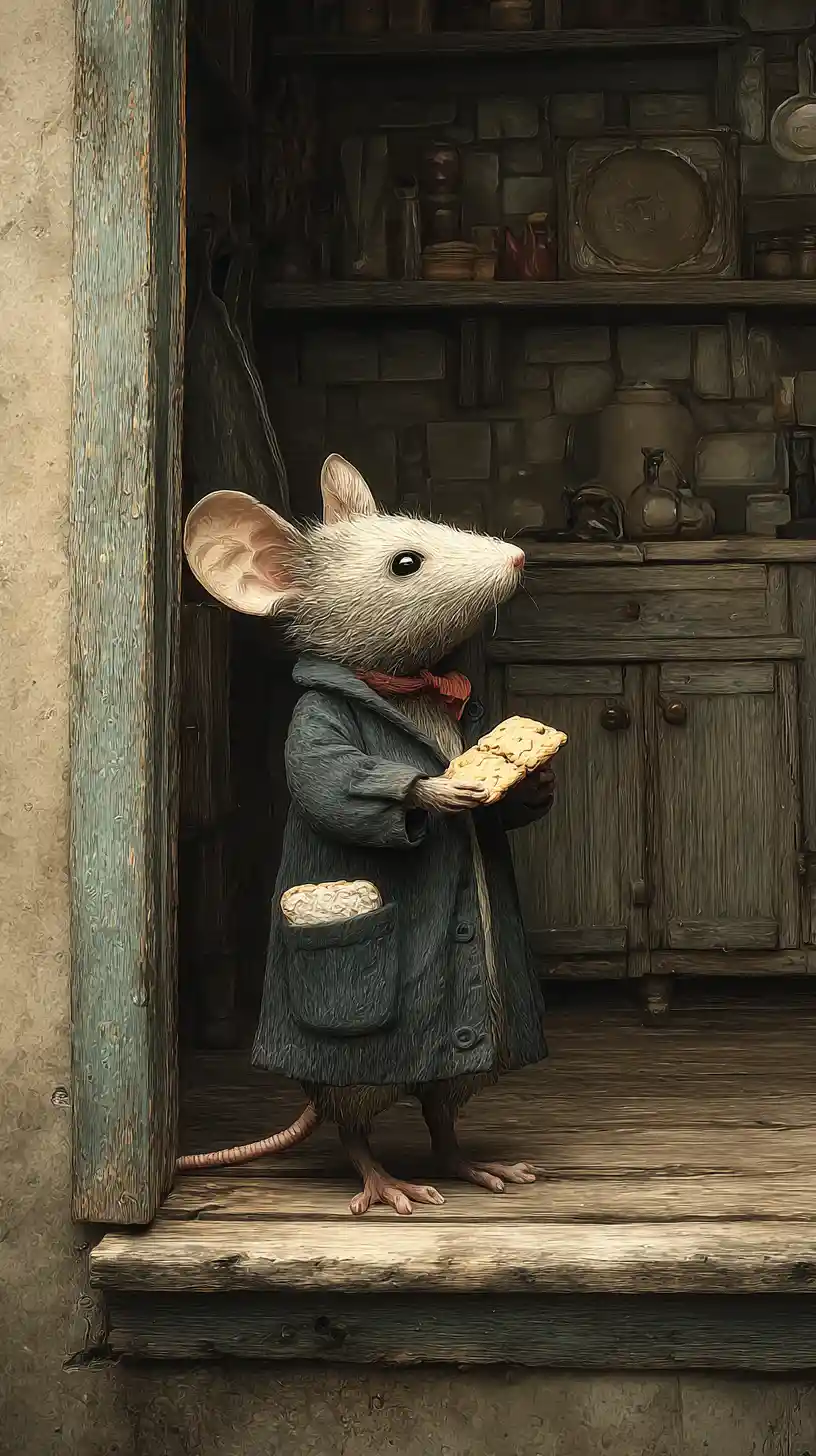 Cute little mouse stealing cookie on wooden table