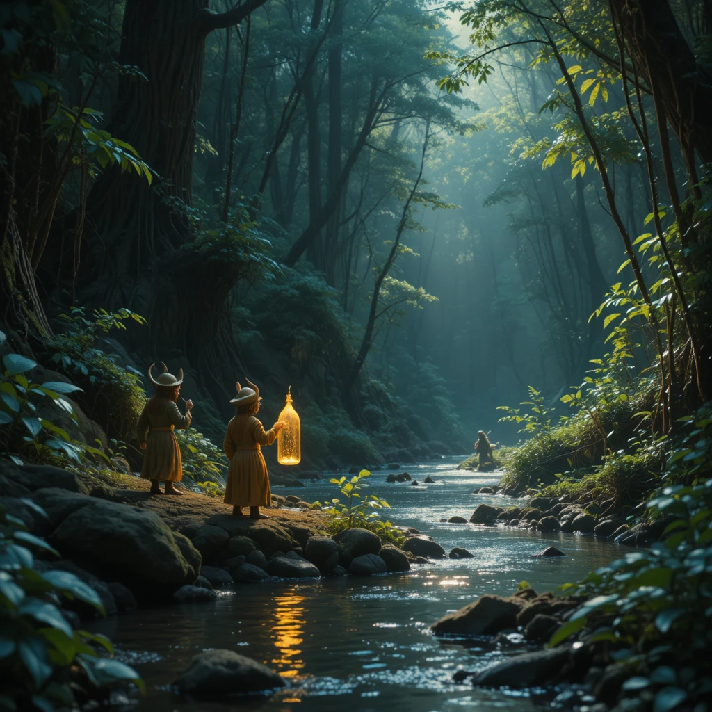 Two goblins searching for gold in a magical forest river
