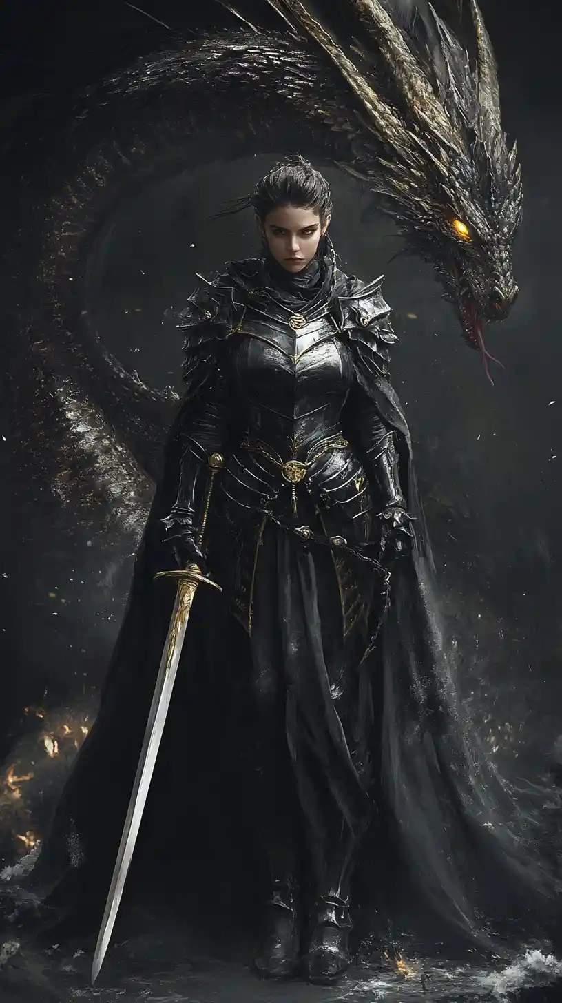 Armored warrior woman before a looming dragon in ash