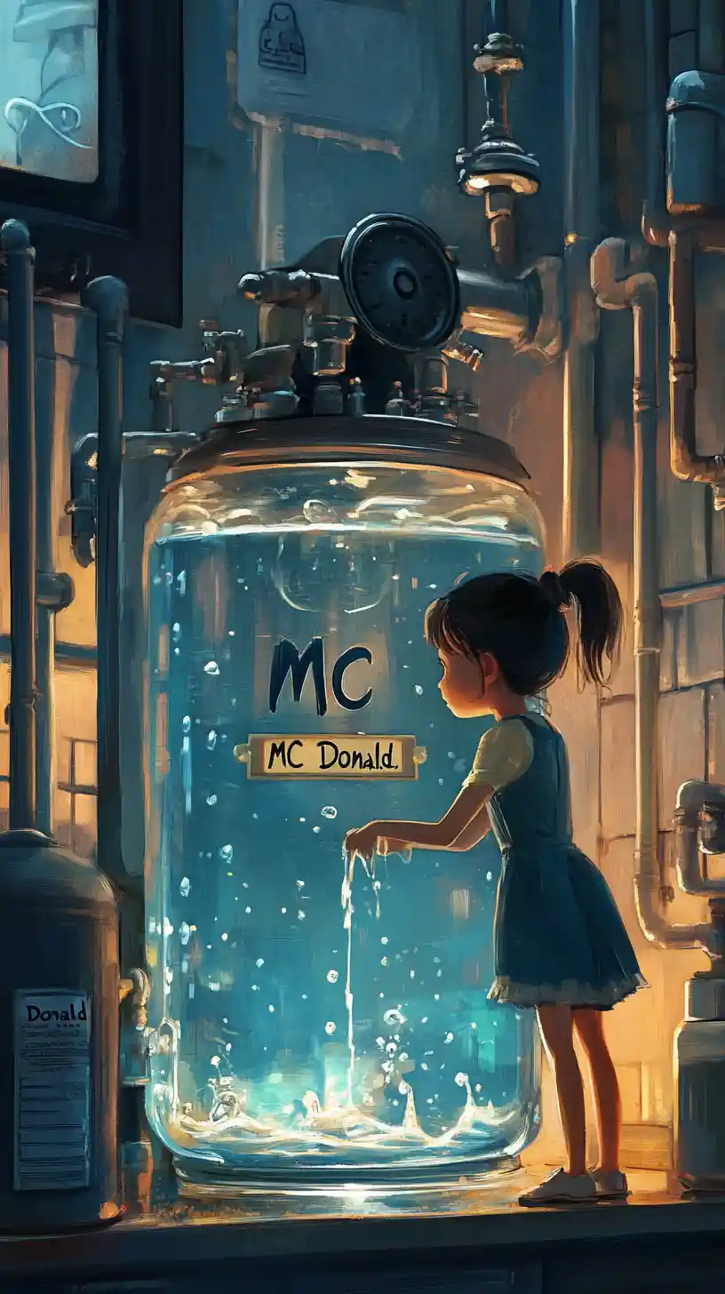 Little girl tending a magical water source inside dispenser