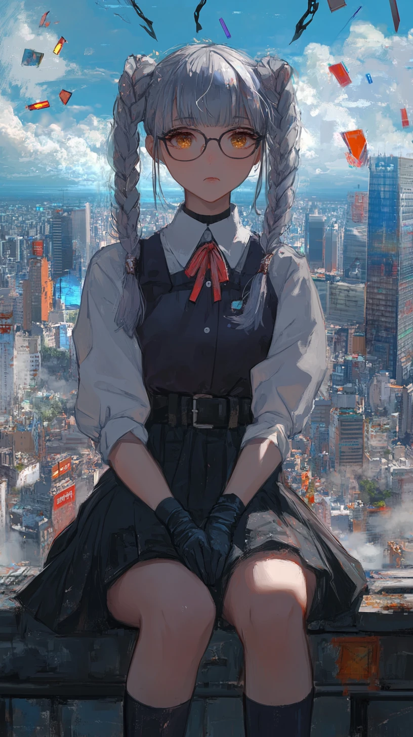 Melancholic anime girl watching a fantasy city at dawn