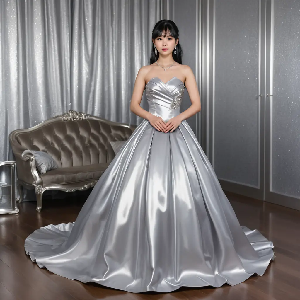Elegant Japanese girl in silver satin ballgown