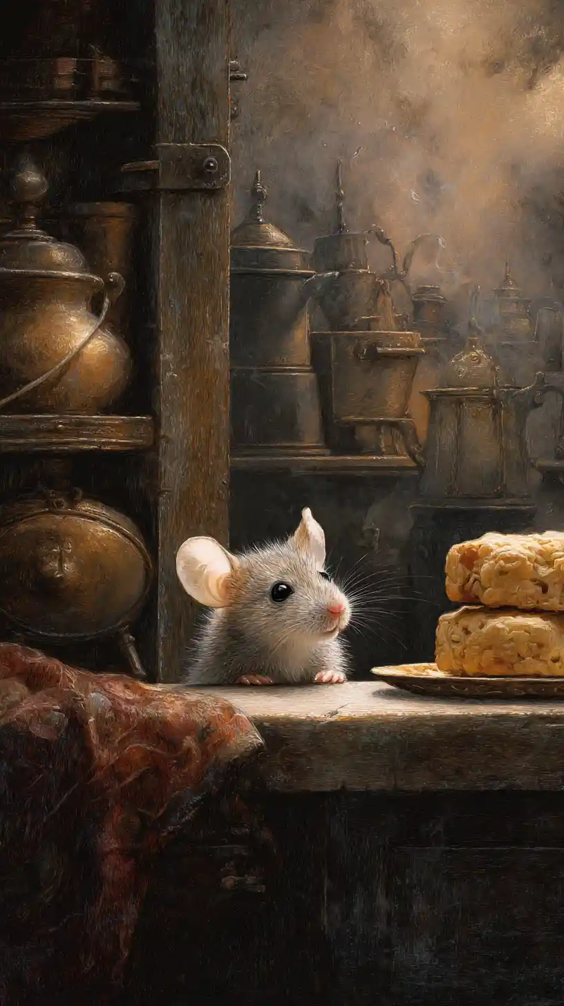 Cute little mouse stealing cookie on wooden kitchen table