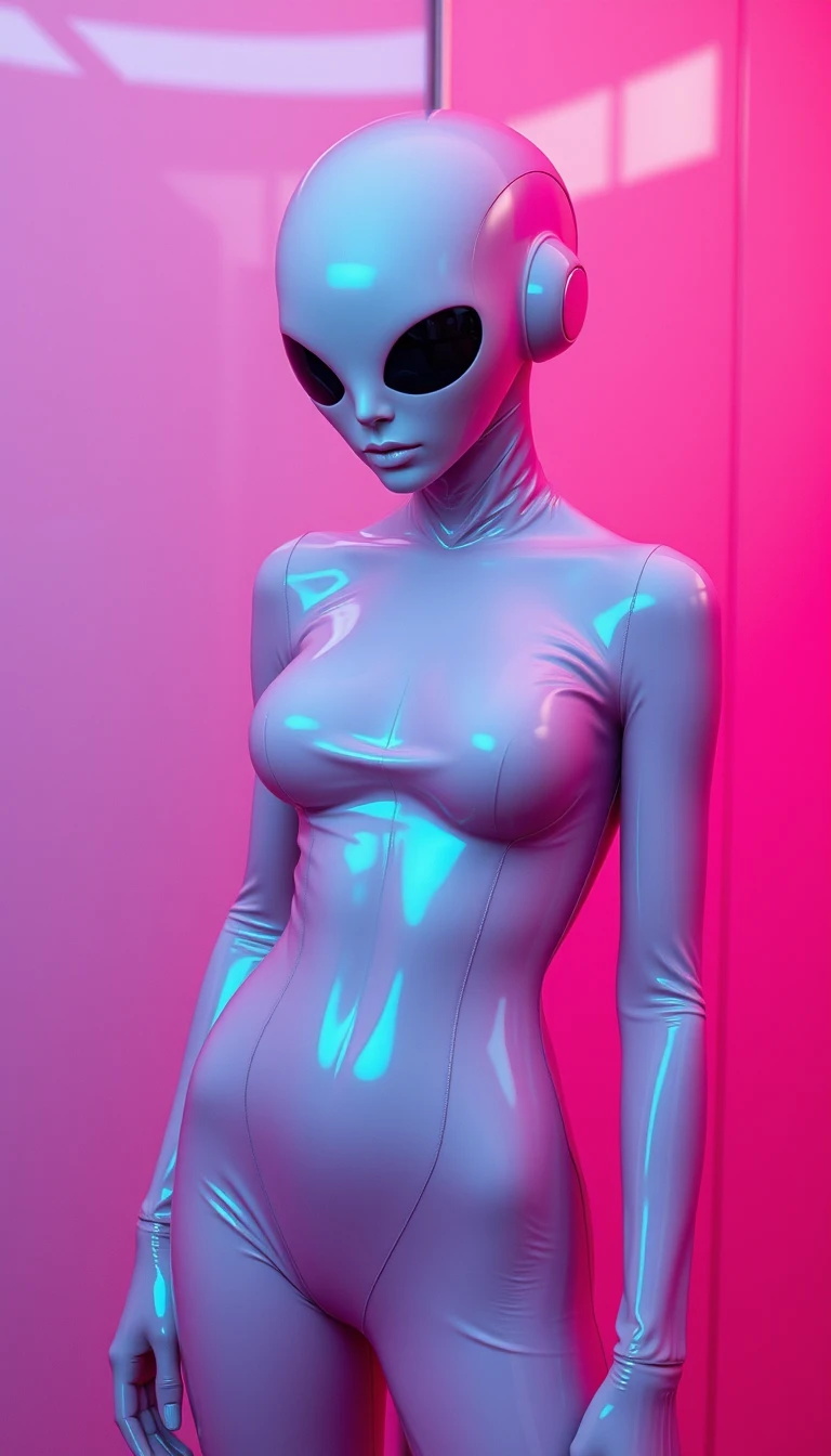 Full body android woman in latex catsuit in pink room