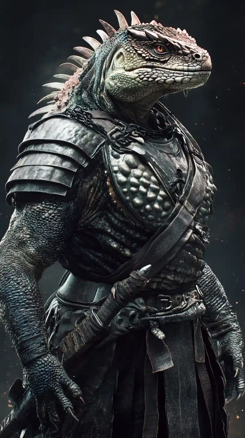 Iguana war god in divine armor from a low angle