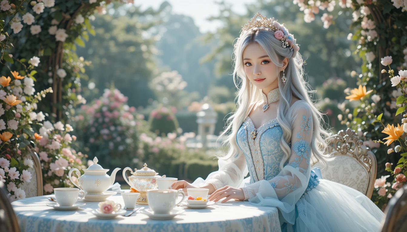 Elegant woman at afternoon tea in a blooming garden