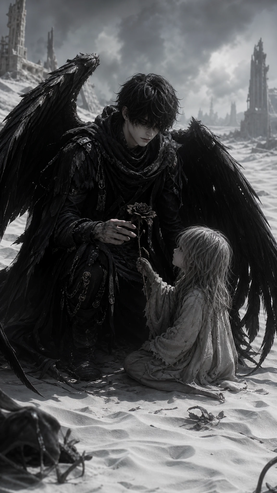 Black winged angel sheltering a child in white sands
