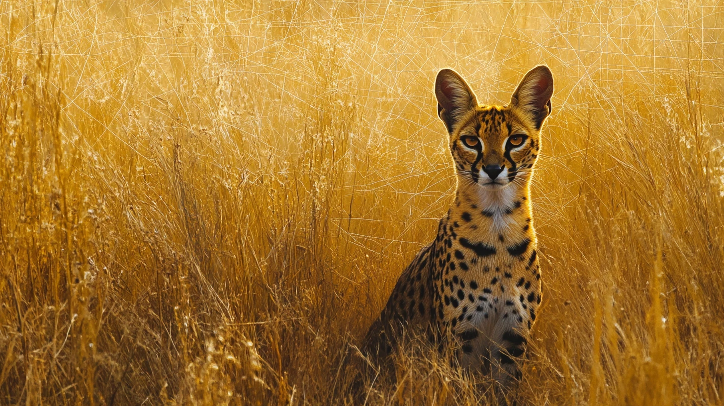 Serval Standing In Tall Grass With Surreal Signal Patterns