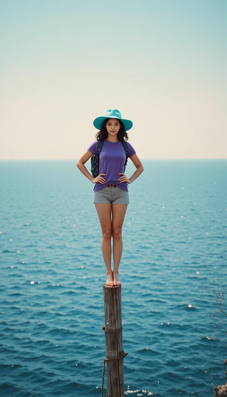 Young woman balancing on post above calm blue ocean