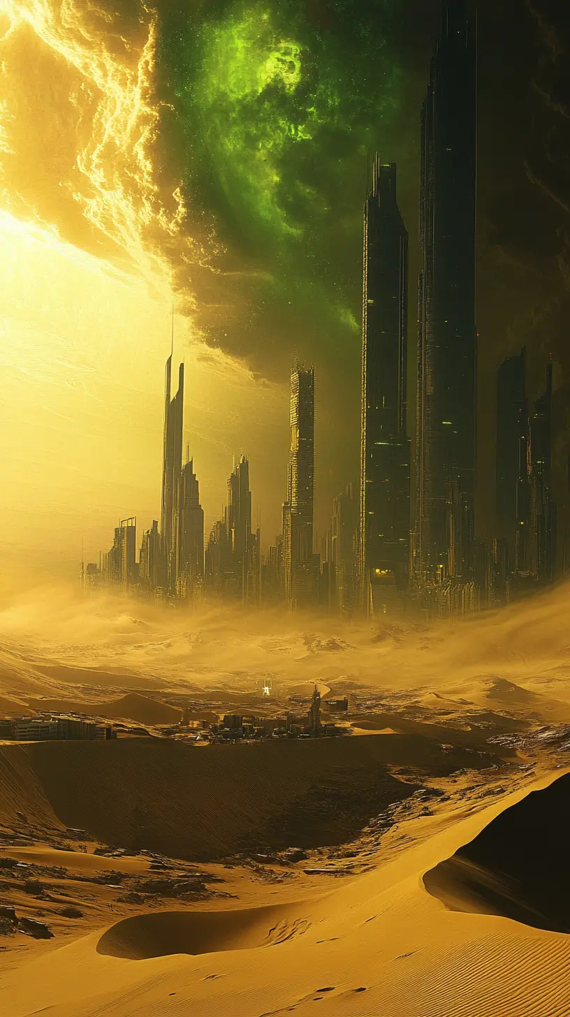 Dune desertiche panoramiche che conducono allo skyline di una città moderna