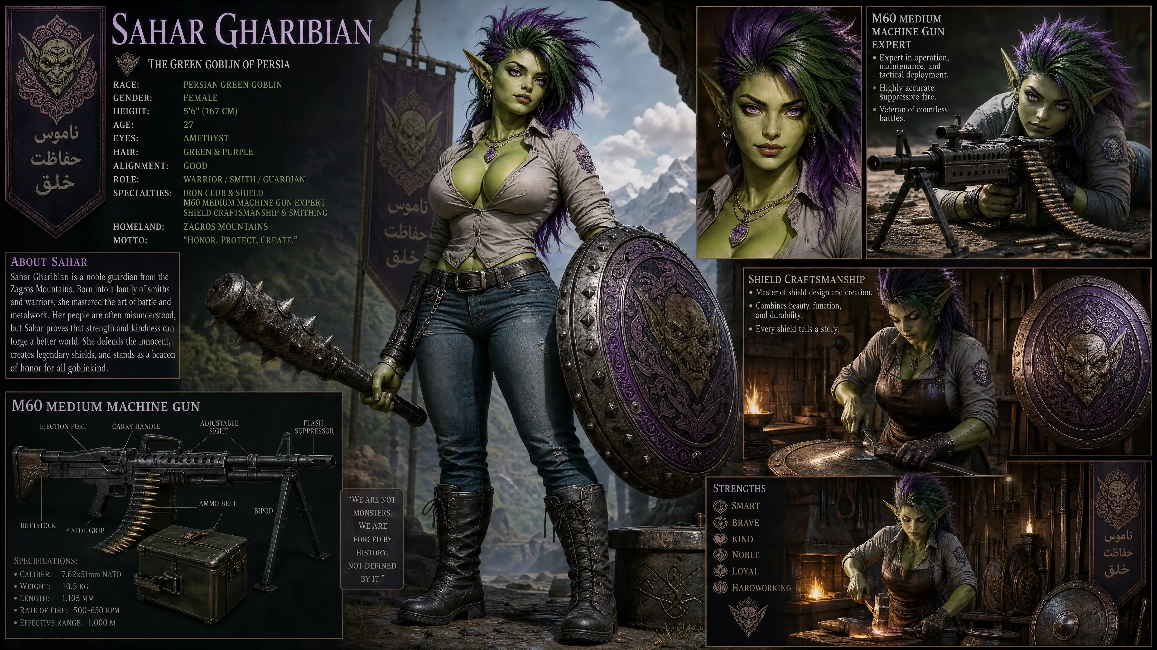 Green skinned fantasy woman warrior with club and shield