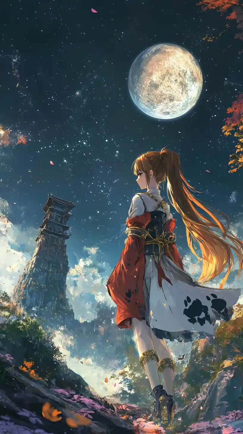 Anime girl floating in space beside a colorful ringed planet