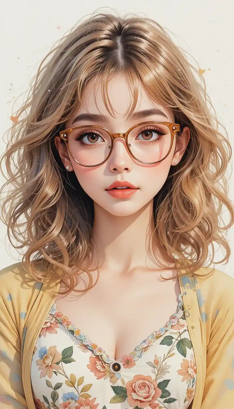 Watercolor anime girl in glasses and pastel fashion