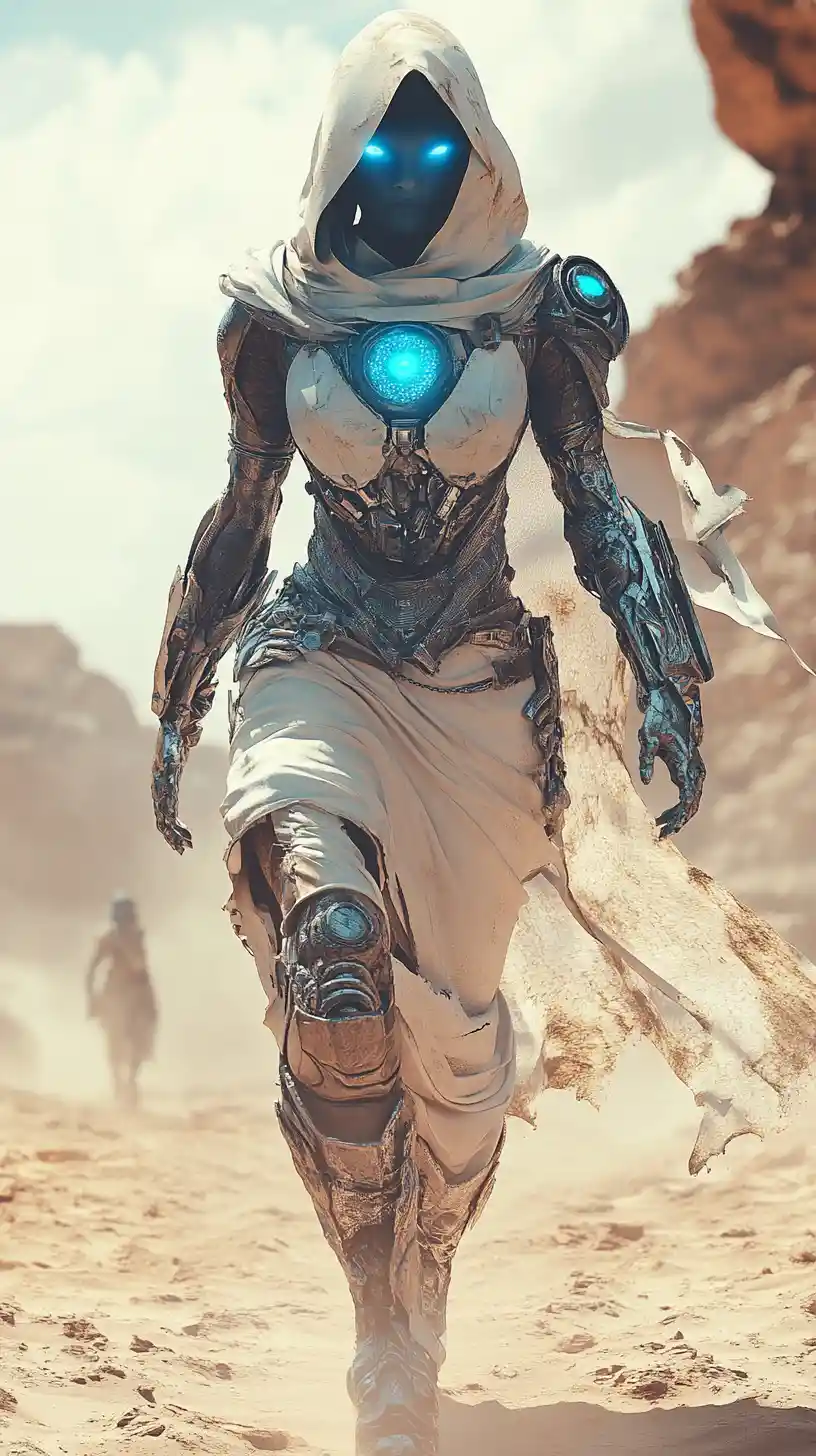 Warrior woman striding through a windswept post apocalyptic desert