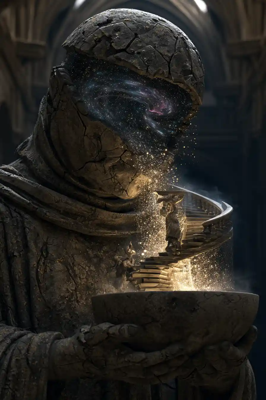 Colossal hooded stone figure pouring cosmic light