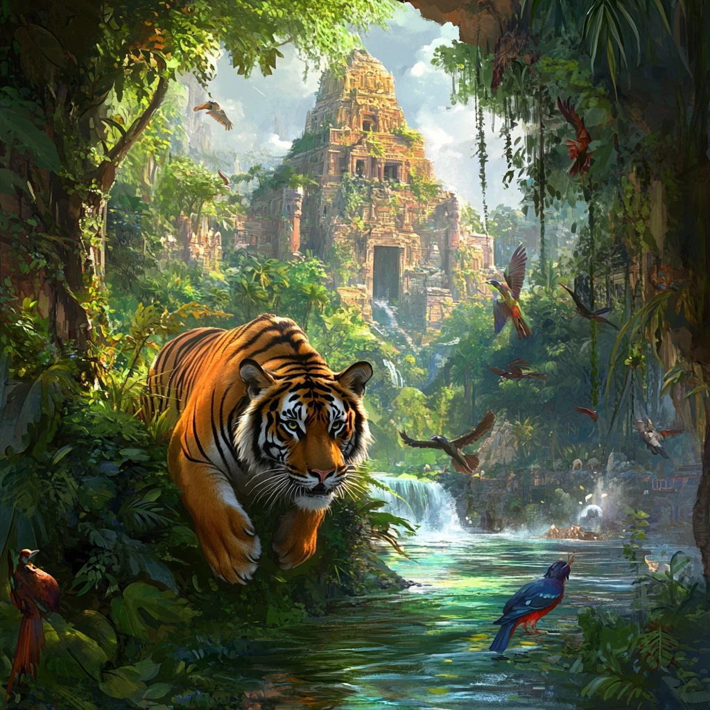 Bengal tiger roaming through an ancient jungle metropolis