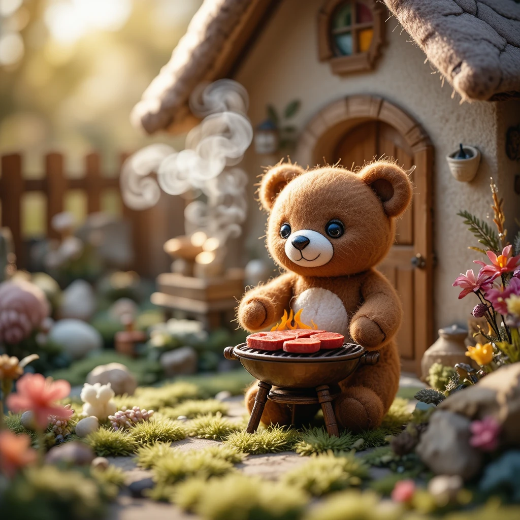 Felt Teddy Bear Grilling In A Cozy Storybook Backyard