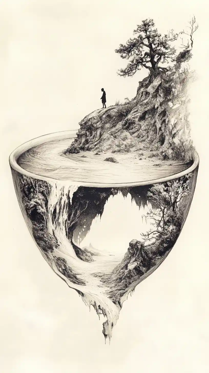 Overturned teacup world with tiny figure on the rim