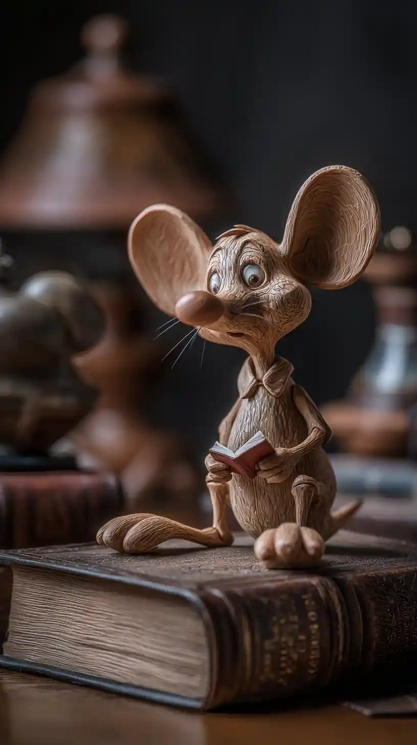 Wooden mouse figurine reading a book on desk