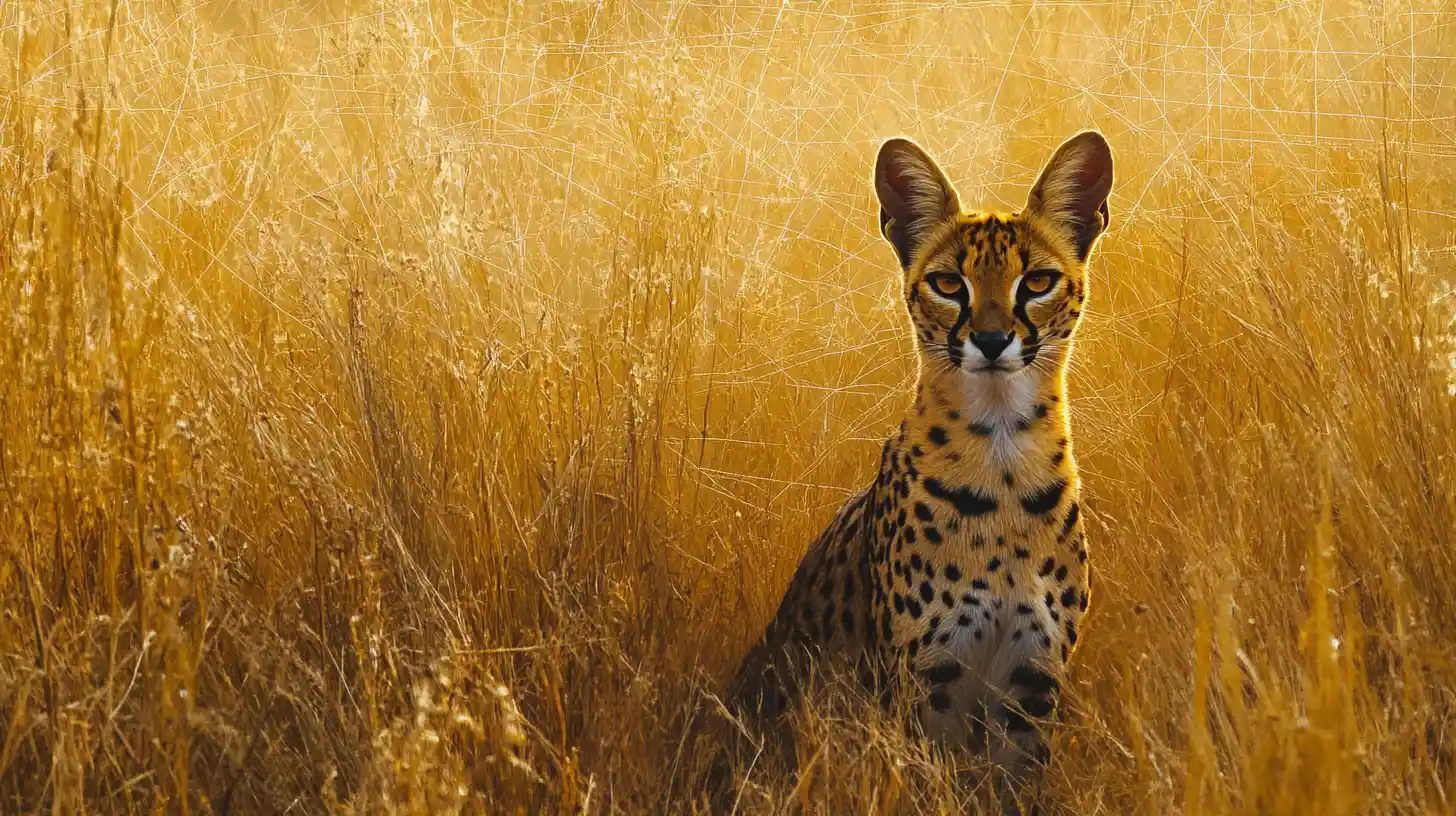 Serval Standing In Tall Grass With Surreal Signal Patterns