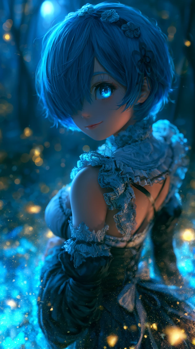 Anime maid girl in a glowing enchanted forest
