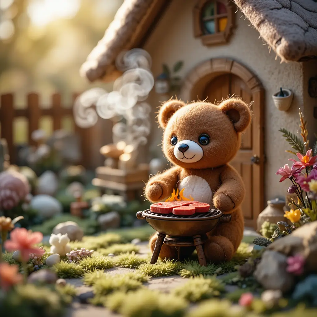 Gefilzter Teddybär grillt in einem gemütlichen Märchenbuch-Garten
