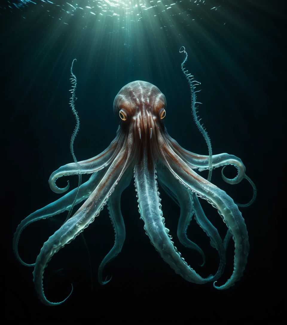 Giant squid rising from the deep ocean in cinematic detail