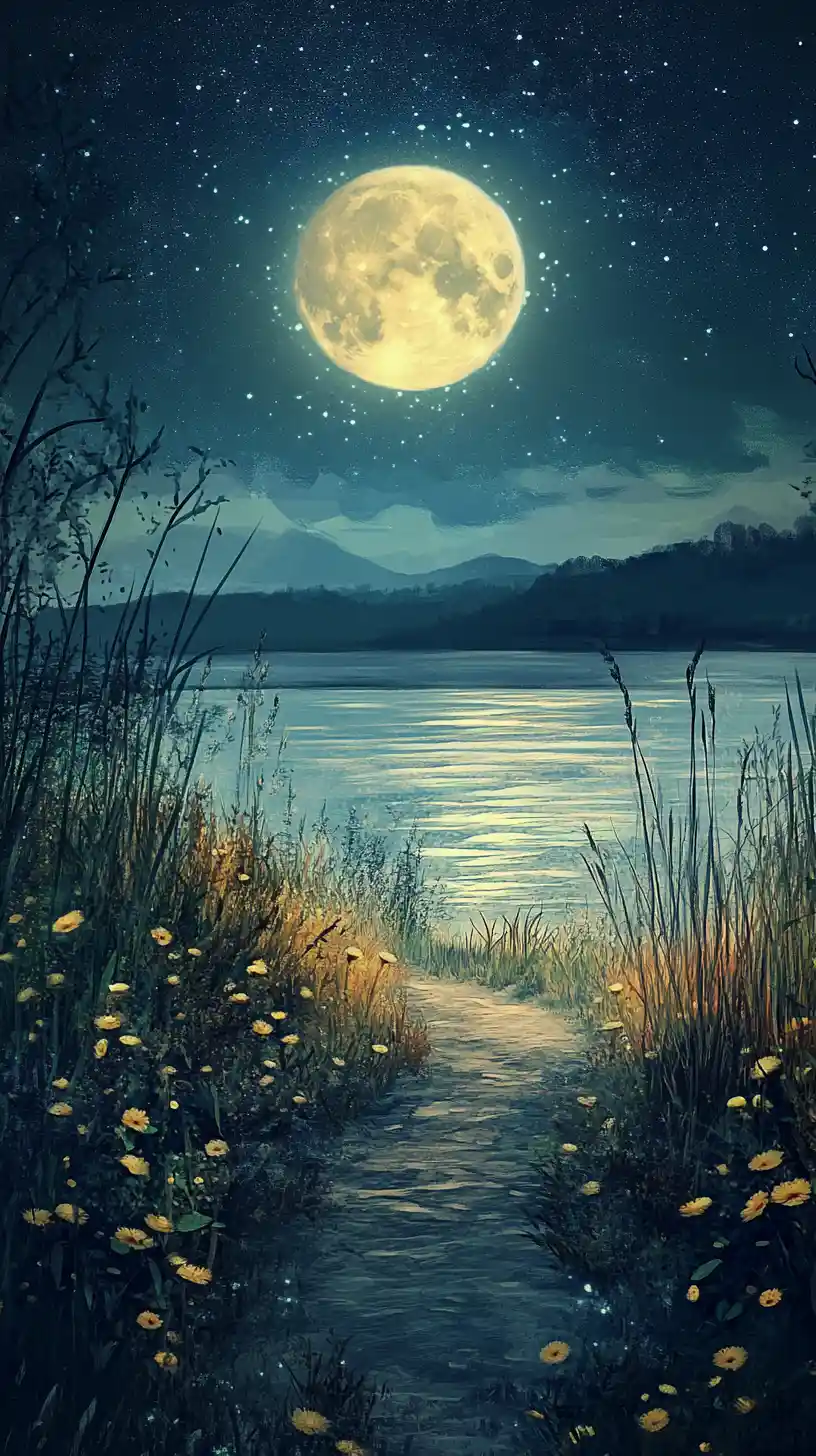 Moonlit path through pampas grass to tranquil lakeside