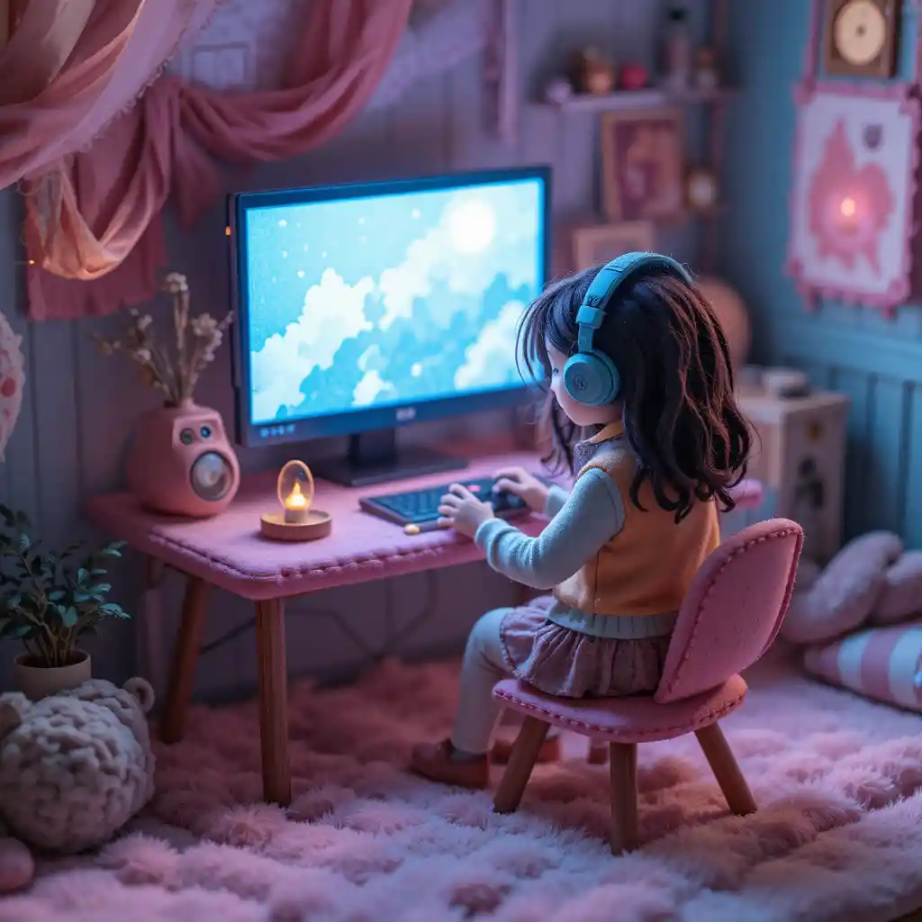 Cozy felt girl gaming at a pastel craft desk