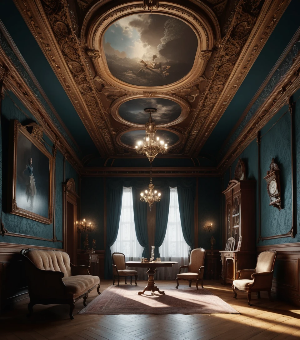 Victorian room with gravity defying furniture and people