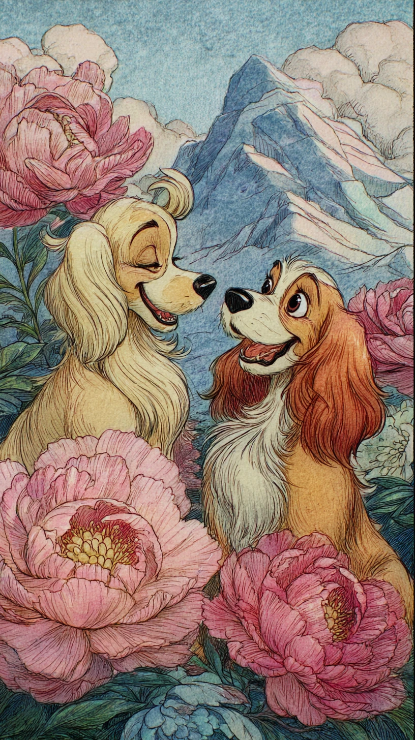 Perros románticos en un campo de peonías – ilustración de fantasía