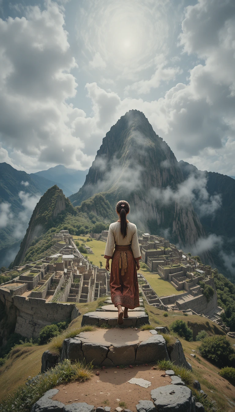 Young woman crossing stone paths in Machu Picchu mist