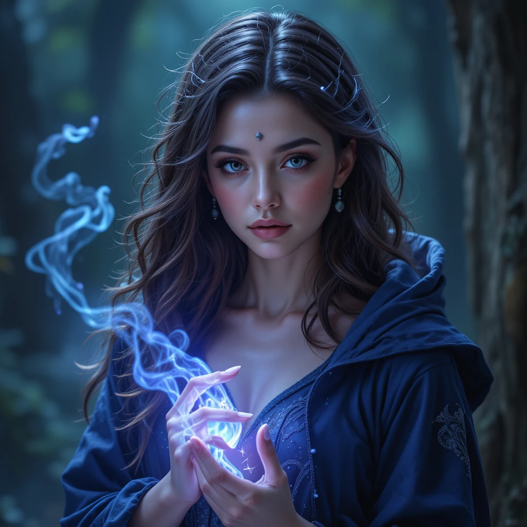Young space witch with violet eyes casting gentle magic